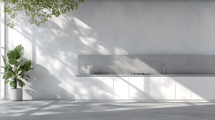 Aufkleber - Empty kitchen room with white concrete texture, leaf shadow on wall, studio background with sunlight reflection on gray cement floor, and abstract lighting for product display