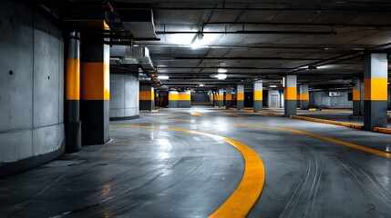 Leinwandbilder - Empty parking garage with yellow lines on concrete walls and floor during daytime
