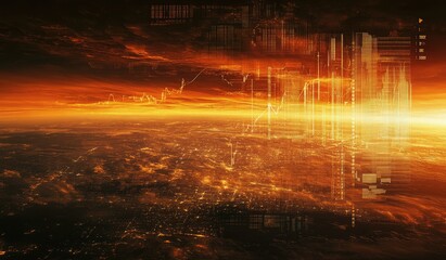 Wall Mural - Aerial view of a city at sunset, overlaid with financial data visualizations.  Fiery orange and red hues dominate the sky, reflecting on the city below.  Data graphics are superimposed, 