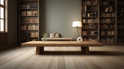 Poster - Empty wooden table product placement, displaying cozy living room with bookshelves and floor lamp