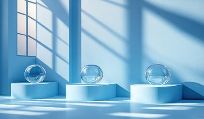 Modern, minimalist display scene with light blue pedestals.