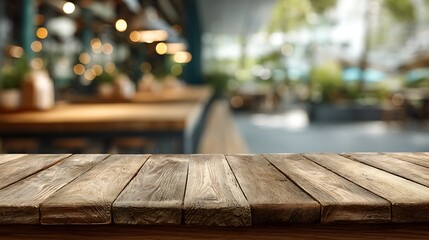Aufkleber - Empty wooden table top with blurred restaurant background, product placement display space