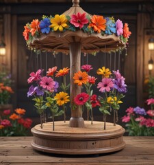 Wall Mural - Whimsical flower carousel, vibrant blooms on rustic wood base, spring, carousel, circular