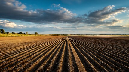 Aufkleber - Expansive agricultural field under a cloudy sky near rural landscape in late afternoon