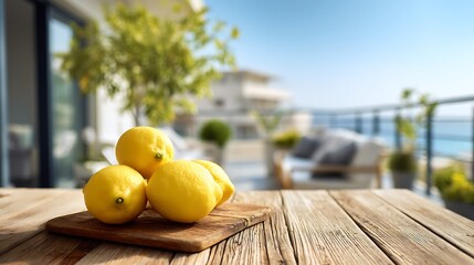 Poster - Fresh lemons on a wooden table with a bright balcony view in a modern home