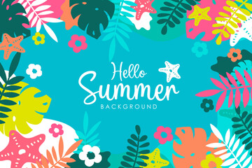 Hello Summer concept design with exotic tropical leaves and starfish in colorful design. Bright and fun summer background, banner, flyer, template, backdrop and printing design. 