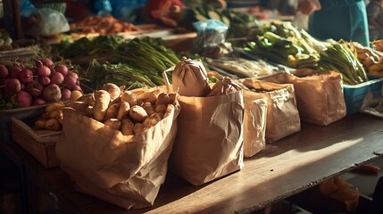 Poster - Fresh produce displayed at a local market with paper bags ready for shopping in the afternoon light