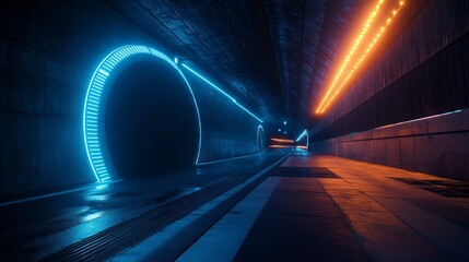 Poster - Glowing Neon Blue and Orange Cyberpunk Tunnel with Digital Portal