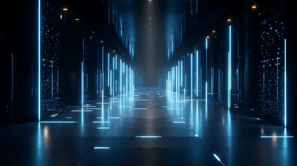 Fototapete - Futuristic data center featuring glowing blue lights in a sleek, high, tech environment
