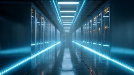 Aufkleber - Futuristic data center featuring glowing blue lights in a sleek, high, tech environment