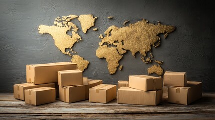 Poster - Global logistics and shipping concept with golden world map and cardboard boxes on table