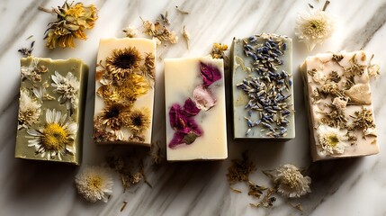 Poster - Handmade organic soaps with natural oils featuring floral and herbal elements on a marble surface