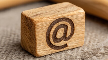 Poster - Wooden block with magnet displaying email icon next to ai node representing automated marketing concept