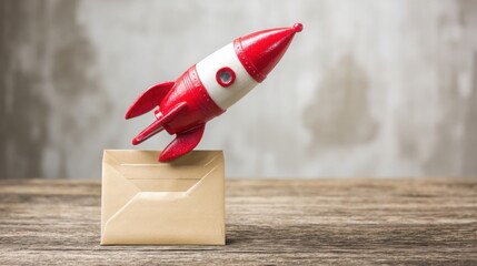 Poster - Toy rocket positioned on a piece of cardboard representing the transformation of email icons into launch campaigns