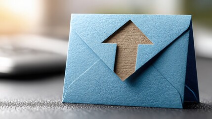 Poster - Blue envelope with a paper arrow pointing upward representing progress and growth in communication concepts