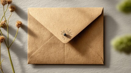 Poster - Brown envelope decorated with a flower symbolizing creative announcement and engaging communication concept