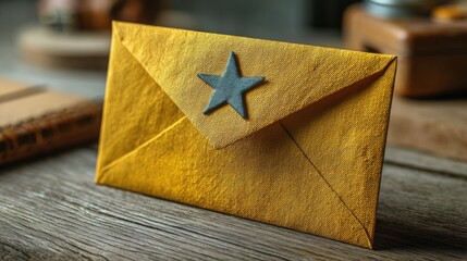Poster - Yellow envelope embellished with a blue star representing vip customer list and exclusive announcement concept