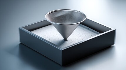 Poster - A funnel positioned on a tray representing a conceptual filter for organized information and efficient data processing