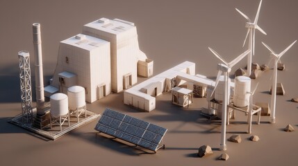 Poster - Industrial complex illustration with renewable energy sources.