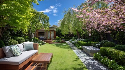 Poster - Lush green backyard with modern seating and vibrant trees under a bright blue sky