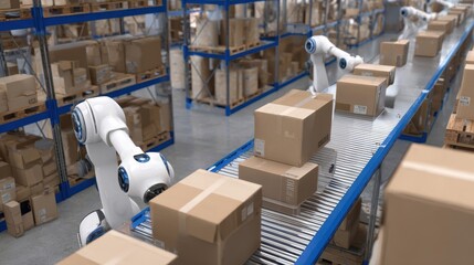 Poster - Robotic arms handling packages on a warehouse conveyor system.