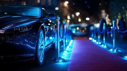 Leinwandbilder - Luxury car parked on a red carpet with elegant rope barriers illuminated by blue lights during an evening event