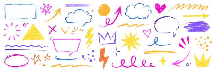 Aufkleber - Kid color pencil hand drawn line element set. Chalk pencil hand drawn doodle sketch texture color kid crayon arrow, heart, cloud shape set. Texture chalk, crayon pencil style. Vector illustration