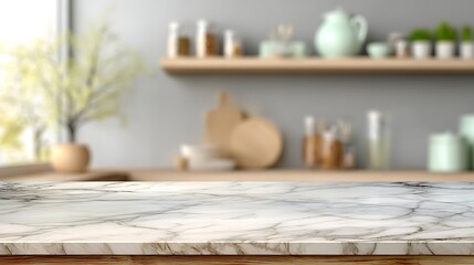 Aufkleber - Marble table with empty space, blurred kitchen background for product display and online advertising