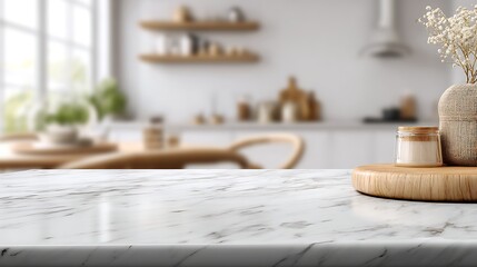 Aufkleber - Marble table with empty space, blurred kitchen background for product display and online advertising