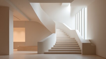 Aufkleber - Minimalist interior featuring white staircase and beige walls in a contemporary space with natural light