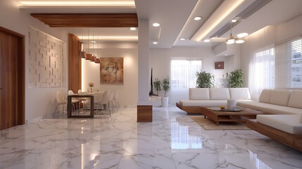 Poster - Minimalist interior design for a living room, marble flooring with a white false ceiling, indirect light and spot lights, modern furniture, open space living area with a dining table in the back