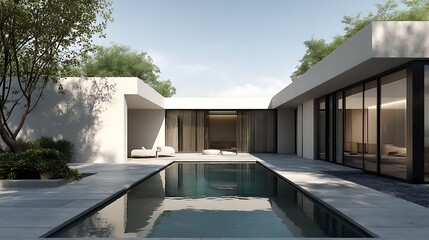 Fototapete - Minimalist luxurious villa, neutral colors, courtyard with pool and garden, window with black aluminium