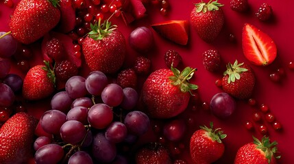 Poster - Mix between red grape and red berries and strawberries on a red background, with fresh slices of grape spreading around