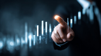 Poster - Business professional interacts with digital growth chart in a dimly lit office environment