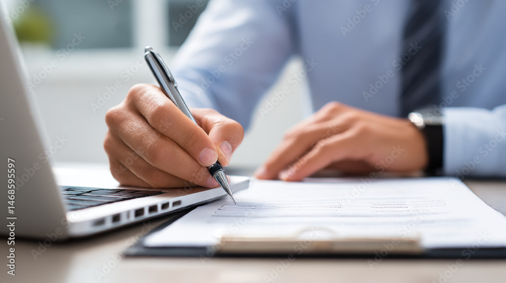 Office worker engages in focused task while writing on documents next ...