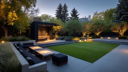 Poster - Modern backyard oasis with spacious lawn and cozy seating area during twilight hours