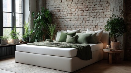 Poster - Modern bedroom, a white mattress sits on a fabric bed frame with green pillows and green side cloths on the bed, creating an atmospheric, rustic feel