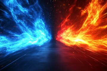Poster - Dynamic Abstract Energy: Electric Blue and Fiery Red Streams on Dark Background