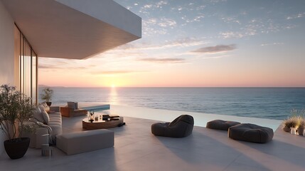 Poster - modern coastal villa terrace with ocean view and minimalistic design at sunrise