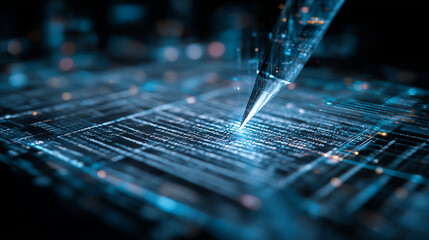 Poster - Crafting digital innovation with a pen amidst glowing data streams and futuristic designs