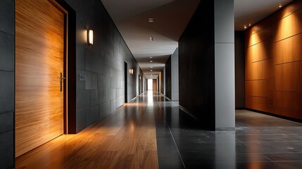 Leinwandbilder - Modern corridor featuring a wooden door and sleek design in a contemporary building