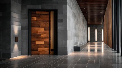 Leinwandbilder - Modern corridor featuring a wooden door and sleek design in a contemporary building
