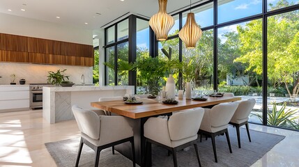 Poster - Modern dining area in a bright home with large windows showcasing outdoor greenery