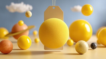 Poster - yellow egg with a wooden tag symbolizing smart pricing and layered data points in a conceptual float