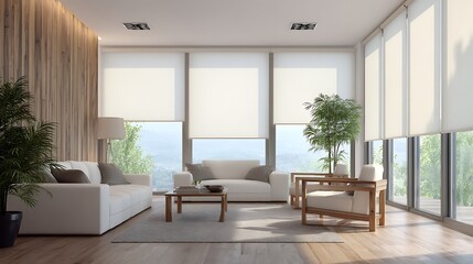 Poster - Modern interior featuring automatic roller blinds, wooden decor panels, and electric sunscreen curtains in a bright living space