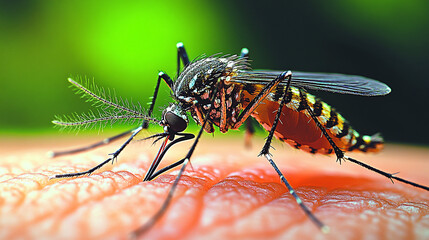 Mosquito biting human skin, blurred green background