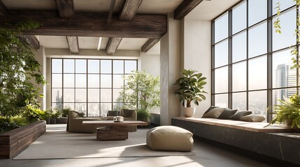 Poster - Modern interior space featuring large windows and indoor plants for a bright atmosphere