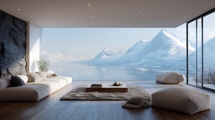 Poster - Modern interior with minimalist design and breathtaking mountain view in daylight