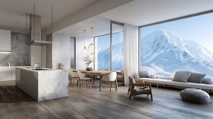 Poster - Modern interior with minimalist design and breathtaking mountain view in daylight