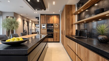 Aufkleber - Modern kitchen design with black countertops and wooden accents in a stylish home interior
